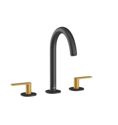 Jaquar 3-Hole Basin Mixer with Pipe Spout - Lever: Gold Matt PVD | Body: Black Matt